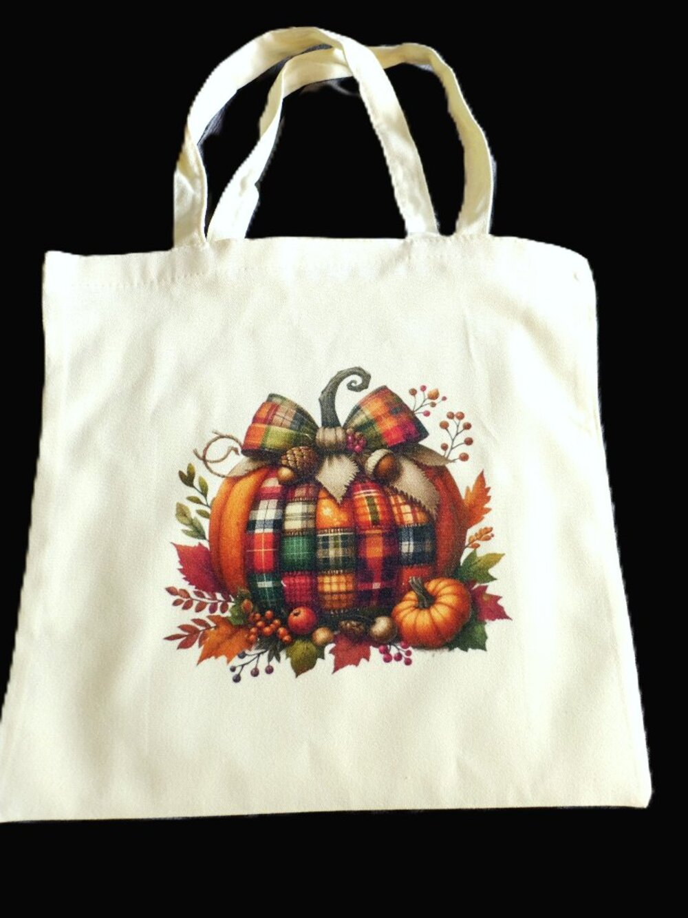 Fall Patchwork Quilted Pumpkin Canvas Tote Bag, Handmade, books, leaves, bow